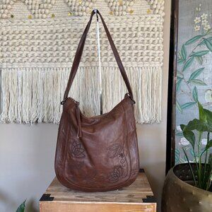 Frye Azariah Brown Floral Embroidered Leather Convertible Backpack Hobo Bag